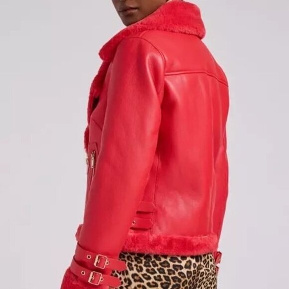 NWT Generation Love Dion Faux Fur Shearling Moto Jacket Red Size XXS - Picture 4 of 6